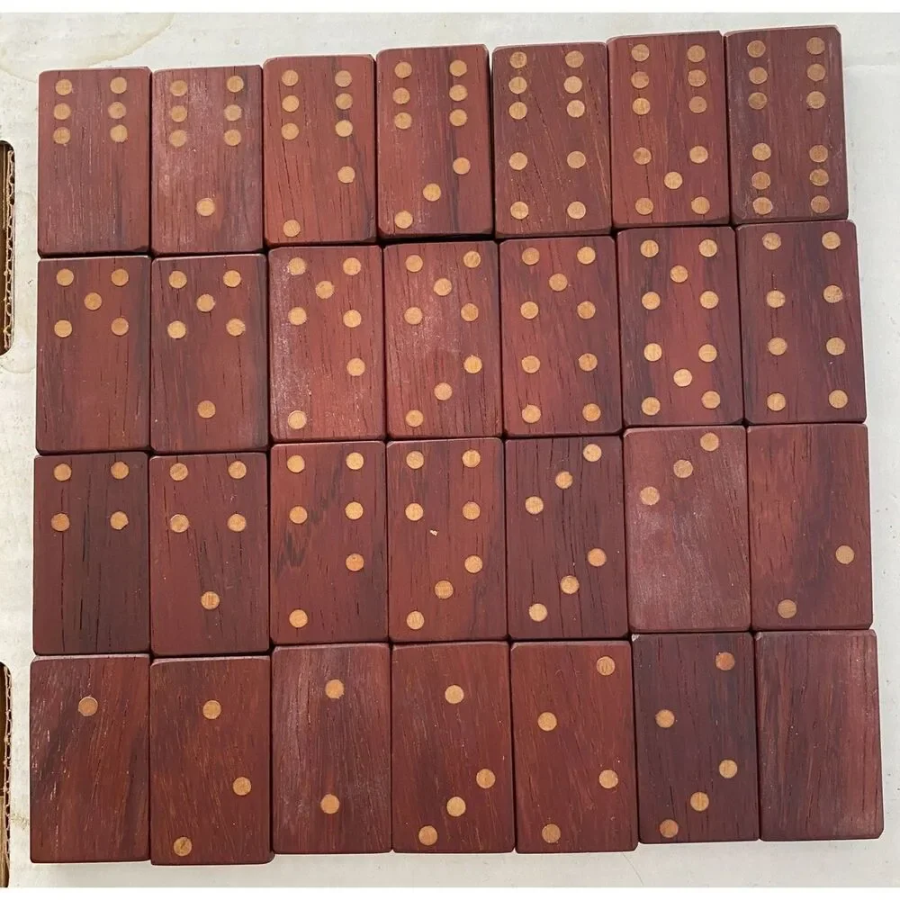 Vintage Wooden Dominoes Set Double 6 Handcrafted Red Wood 28 Tiles Velvet Bag